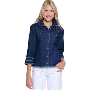 MULTIPLES Women's Triple Fringe Sleeves Four-Pocket Button Front Jean Jacket