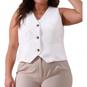 Agnes Orinda Plus Size Linen Vest for Women Sleeveless Lined Waistcoat Suit Vest Blazer Crop Top with Pockets Casual Work