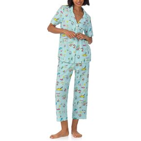BedHead PJs Womens Short Sleeve Notch Collar & Cropped Pants Sleepwear Pajama Set, Organic Cotton