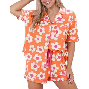 SELINK Womens Summer Pajamas Sets Short Sleeve Flower Print Button Down Sleepwear Loungewear 2 Piece Pj Set in Saudi Arabia
