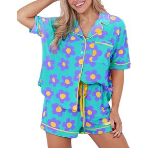 Selink Womens Summer Pajamas مجموعات زهرة قصيرة الأكمام زر أسفل ملابس النوم صالة 2 قطعة PJ مجموعة