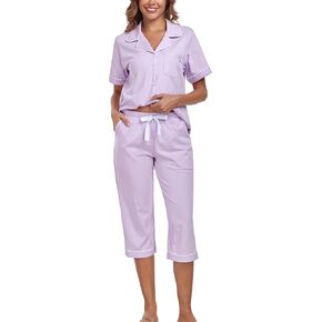 EA's Secret 100 ٪ من بيجامات القطن للنساء تعيين زر قصير الأكمام لأسفل ملابس النوم Capri Nightwear PJS Loungewear