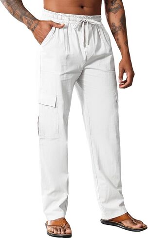 Men's Casual Linen Pants Summer Loose Fit Elastic Waist Drawstring Pants Lightweight Linen Cargo Trousers with Pockets in Saudi Arabia
