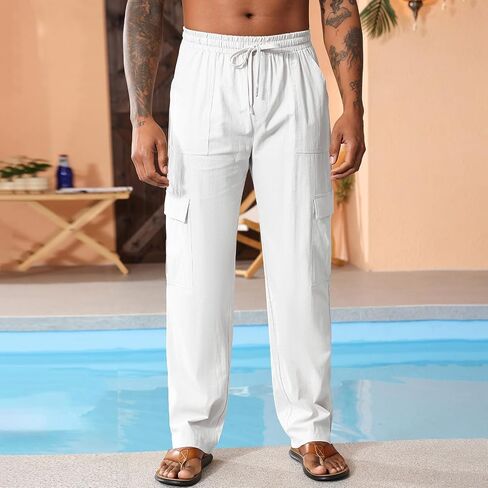 Men's Casual Linen Pants Summer Loose Fit Elastic Waist Drawstring Pants Lightweight Linen Cargo Trousers with Pockets in Saudi Arabia