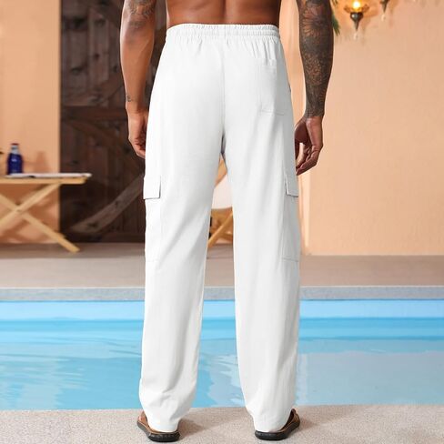 Men's Casual Linen Pants Summer Loose Fit Elastic Waist Drawstring Pants Lightweight Linen Cargo Trousers with Pockets in Saudi Arabia