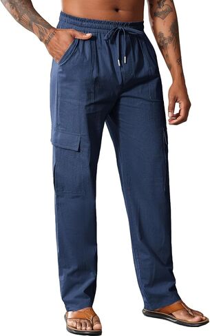 Men's Casual Linen Pants Summer Loose Fit Elastic Waist Drawstring Pants Lightweight Linen Cargo Trousers with Pockets in Saudi Arabia
