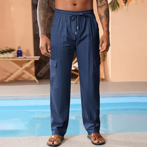 Men's Casual Linen Pants Summer Loose Fit Elastic Waist Drawstring Pants Lightweight Linen Cargo Trousers with Pockets in Saudi Arabia