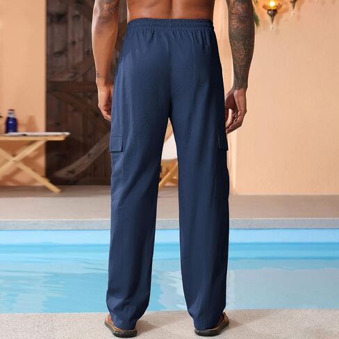 Men's Casual Linen Pants Summer Loose Fit Elastic Waist Drawstring Pants Lightweight Linen Cargo Trousers with Pockets in Saudi Arabia