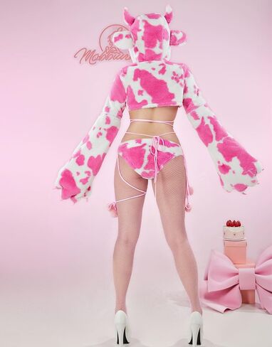 Women's Anime Cute Pajamas Set Cow Print Cosplay Lingerie Furry Paw Set Fuzzy Hoodie Top and Bra Panty Outfit in Saudi Arabia