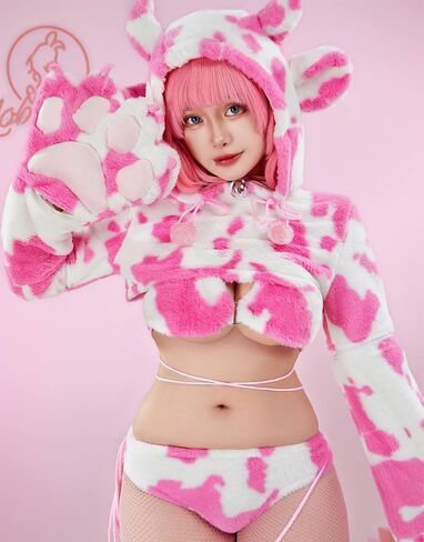 Women's Anime Cute Pajamas Set Cow Print Cosplay Lingerie Furry Paw Set Fuzzy Hoodie Top and Bra Panty Outfit in Saudi Arabia