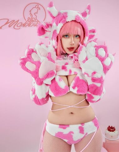 Women's Anime Cute Pajamas Set Cow Print Cosplay Lingerie Furry Paw Set Fuzzy Hoodie Top and Bra Panty Outfit in Saudi Arabia