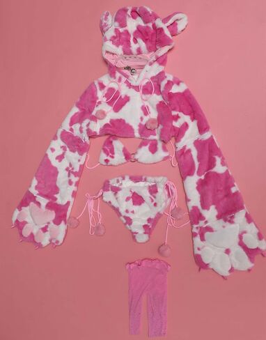 Women's Anime Cute Pajamas Set Cow Print Cosplay Lingerie Furry Paw Set Fuzzy Hoodie Top and Bra Panty Outfit in Saudi Arabia