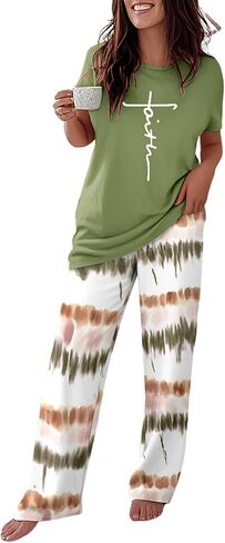 CHICME Womens Pajamas Sets 2 Piece Short Sleeve Lounge Set Printed Loose Pants Pj Sets Loungewear Set in Kuwait
