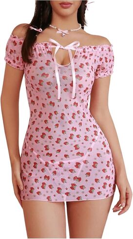 Verdusa Women's Printed Mesh Cut Out Babydoll Lingerie Sleepwear Chemise with Thong in Saudi Arabia