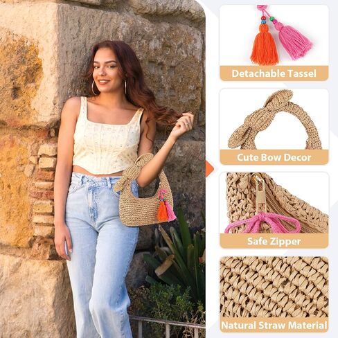 Straw Handbags Small Tote Purse Bow Knotted Straw Clutch with Tassels for Summer Beach Travel in Saudi Arabia