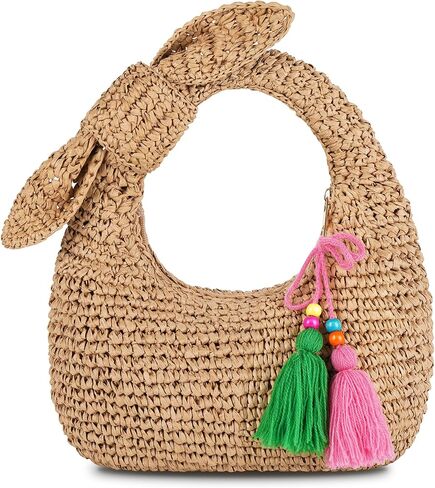 Straw Handbags Small Tote Purse Bow Knotted Straw Clutch with Tassels for Summer Beach Travel in Saudi Arabia