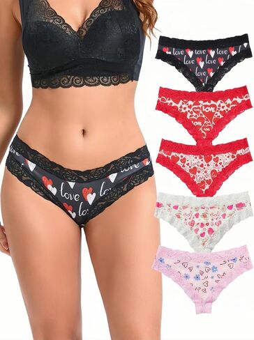 Morvia 5pcs Sexy Women Contrast Lace Hipster Panties Valentine's Day Allover Print Bikinis Underwear in Kuwait