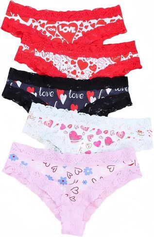 Morvia 5pcs Sexy Women Contrast Lace Hipster Panties Valentine's Day Allover Print Bikinis Underwear in Kuwait