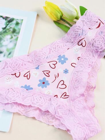 Morvia 5pcs Sexy Women Contrast Lace Hipster Panties Valentine's Day Allover Print Bikinis Underwear in Kuwait