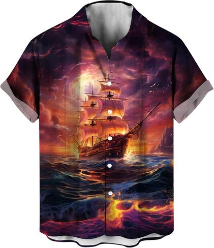 LAOLIUSN Funny Pirate Shirt Pirate Ship Graphic Short Sleeved Button Shirt in Kuwait