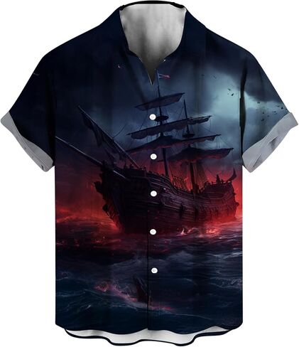 LAOLIUSN Funny Pirate Shirt Pirate Ship Graphic Short Sleeved Button Shirt in Kuwait