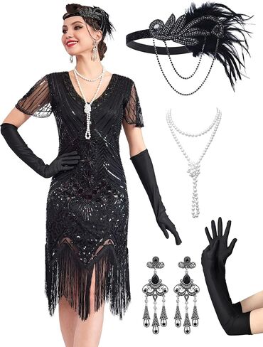 1920s Flapper Dresses for Women, Great Gatsby Dresses Roaring 20s, Sheer Beaded Sleeves Costume with 20s accessories in Kuwait