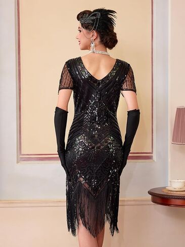 1920s Flapper Dresses for Women, Great Gatsby Dresses Roaring 20s, Sheer Beaded Sleeves Costume with 20s accessories in Kuwait