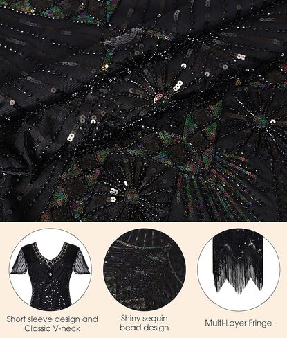 1920s Flapper Dresses for Women, Great Gatsby Dresses Roaring 20s, Sheer Beaded Sleeves Costume with 20s accessories in Kuwait
