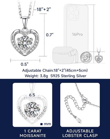 MomentWish Heart Necklaces for Women, 1 Carat Moissanite Pendant Necklace, D Color VVS1 Simulated Diamond 925 Sterling Silver Heart Pendant Necklace in Kuwait