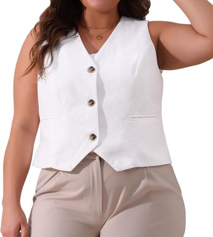 Agnes Orinda Plus Size Linen Vest for Women Sleeveless Lined Waistcoat Suit Vest Blazer Crop Top with Pockets Casual Work in Saudi Arabia