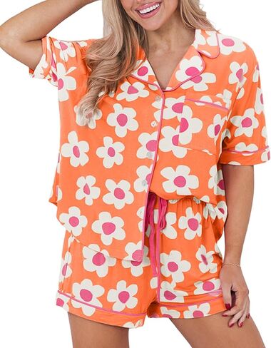 SELINK Womens Summer Pajamas Sets Short Sleeve Flower Print Button Down Sleepwear Loungewear 2 Piece Pj Set in Saudi Arabia
