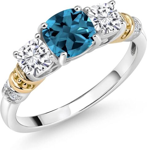 Gem Stone King 925 Silver and 10K Yellow Gold Gemstone Birthstone Moissanite and Diamond 3-Stone Ring For Women | Cushion 6MM and 4MM | Available in Sizes 5 to 9 in Saudi Arabia