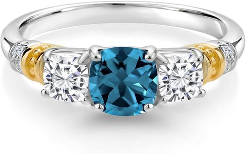 Gem Stone King 925 Silver and 10K Yellow Gold Gemstone Birthstone Moissanite and Diamond 3-Stone Ring For Women | Cushion 6MM and 4MM | Available in Sizes 5 to 9 in Saudi Arabia
