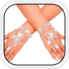 GORTIN Rhinestone Gloves Silver Butterfly Wedding Fingerless Glove Crystal Prom Bridal Hand Chain for Women