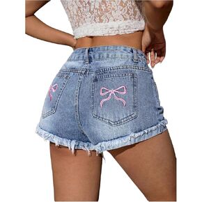 تطريز Wdirara Women's Bow Shorts Hem Denim Shorts Y2K Jean
