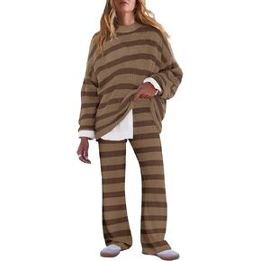 LAMISSCHE Oversized Womens Lounge Set Striped Sweater Set Long Sleeve 2 Piece Pajama Set Top and Pants with Pockets