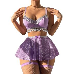 ملابس الملابس الداخلية للسيدات من طراز Lingerie Lingerie Sequin Mini Skirt & Tassel Bra مع جوارب