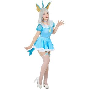 Women's Anime Cosplay Romper Onesie Blue Bodysuit Skirt Set with Headband Choker Halloween Cosplay Costume