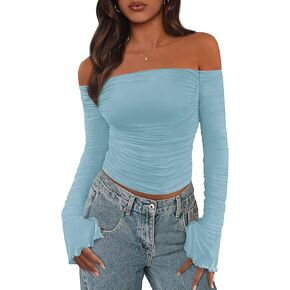 Prettygarden Womens 2025 قمم الصيف غير الرسمية الكتف Ruched Mesh Slim Fit Fit Long Sleeve Terts Out Out Summer Blouses