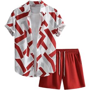 Men's 2 Piece Vacation Outfits Short Sleeve Button Down Tropical Shirts and Shorts Resort Wear