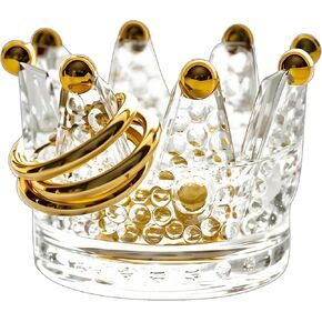 Decorative Glass Crown Ring Holder, Jewelry Dish with Gold Accents, Vintage Style