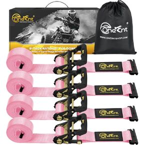 4Pcs 2" x18 FT E Track Ratchet tie Down Straps for 4800 lbs Break Strength Heavy Duty Cargo Strap System Tie Down Ratcheting Strap|E-Track Ratchet Straps|E Track Spring Fittings for Truck (Pink)