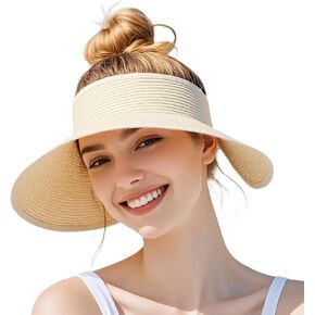 Barelove Sun Visor Hats for Women Wide Brim Straw Ponytail Summer Beach Hat UV UPF Packable Foldable Travel Khaki