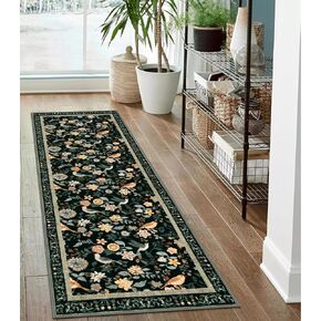 Floral Washable Runner Rug, 2x6 Pink Rug Runners for Hallways Non-Slip, Soft Low Pile Flower Birds Bathroom Runner Rug Botanical Throw Carpet for Kitchen Laundry Entryway Porch