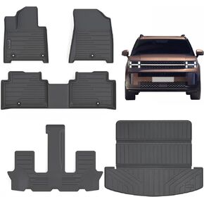 حصيرة الأرضية وحصيرة جذع لعام 2024-2025 Hyundai Santa Fe （غير الهجينة） ، TPE All Weather Protection 3 صفوف بطانات أرضية مع ملحقات البضائع ذات اللون الأسود