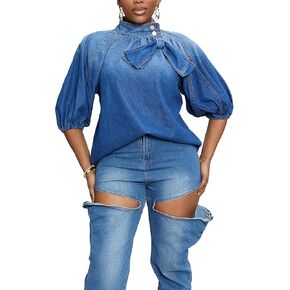 Tbahhir Women's Denim Blouse Blue Bow Tie Jean Shirt Puff Sleeves Mock Neck Cropped Top Casual