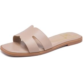 Women's Flat Sandals Dressy Comfortable Slide Sandals Fashion Square Open Toe Slip On Beach Sandals for Summer