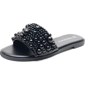 FUNKYMONKEY Women's Pearls Flat Sandals Slip-on Open Toe Dressy Summer Beach Casual Slide