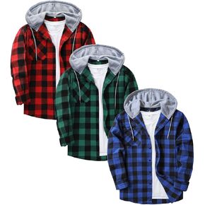 ZITY 3 Pack Men's Flannel Hoodie Shirts Long Sleeve Casual Vintage Button Down Plaid Shirt Jacket with Pocket