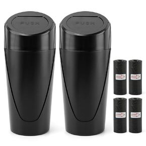 2 Pack Car Trash Can with Lid,Car Garbage Can Cup Holder, Mini Leakproof Vehicle Trash Bin with 60pcs Trash Bags, Organizers and Storage for Front Back Seat Accessories(Black)